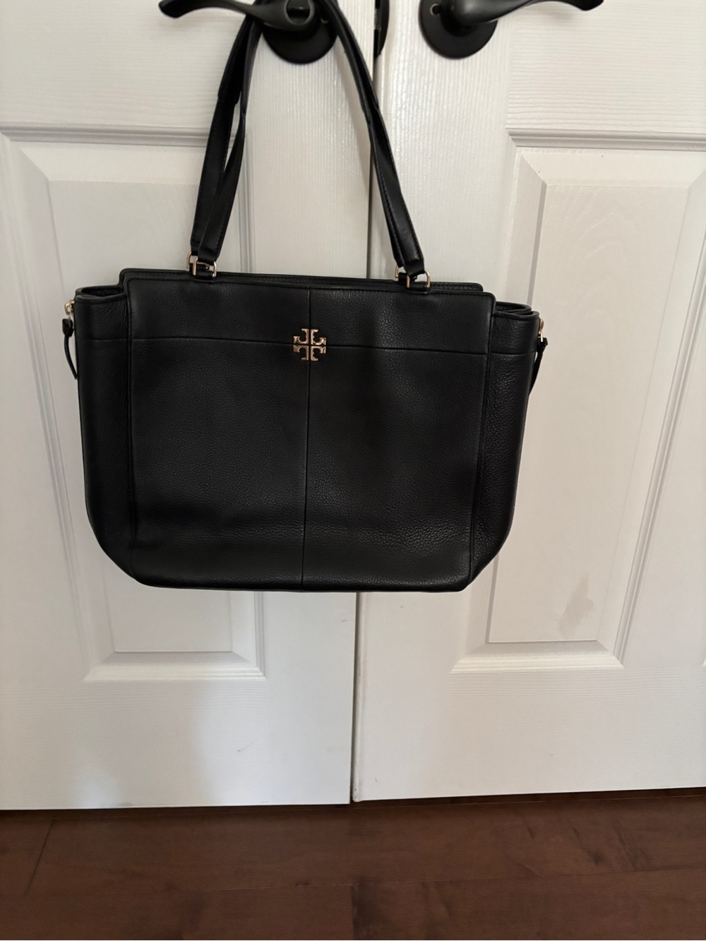 Tory Burch Black Pebbled Leather Tote with Gold Logo